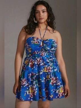 Anthropologie Blue Halter V-neck Cut-out Floral Tropical Cotton Mini Dress XL